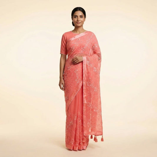 Radiant Orange Chiffon Saree (b) on model - front