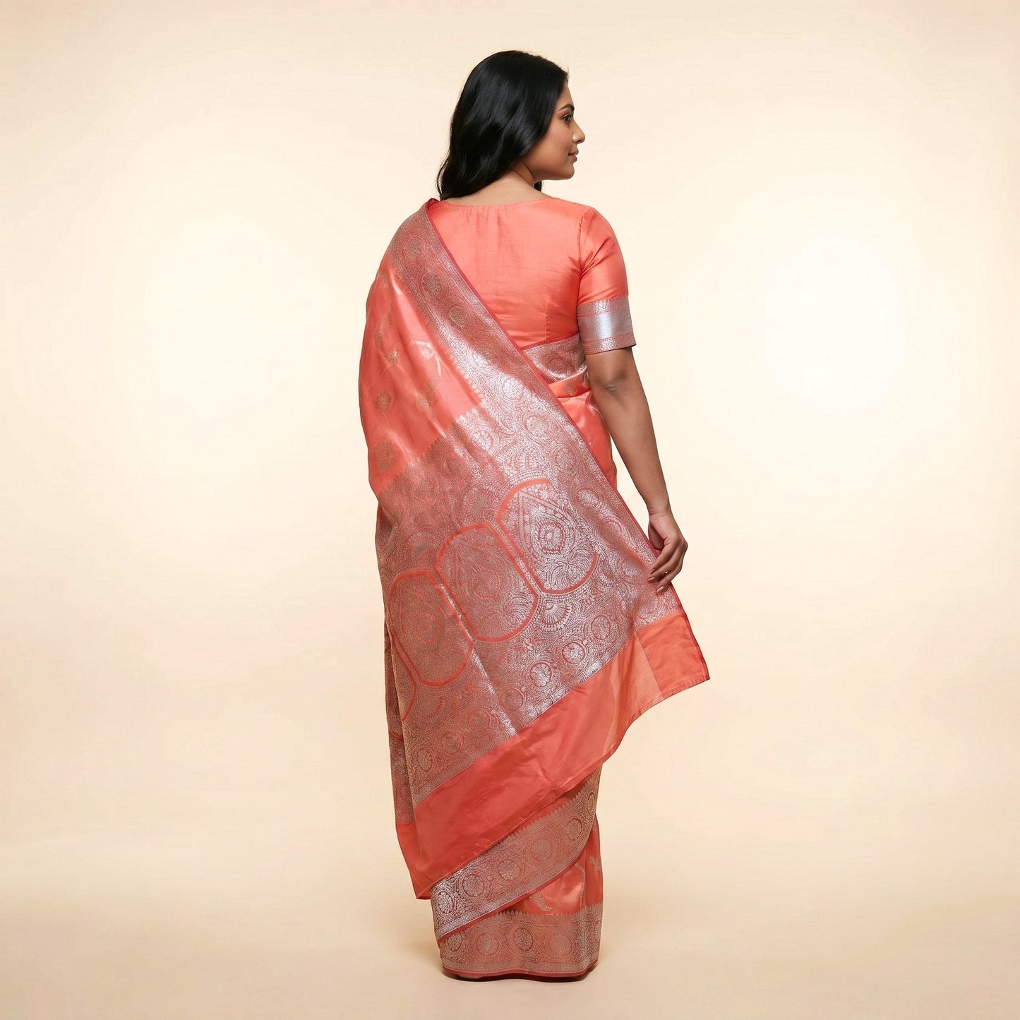 Peach Silk Saree on model - back