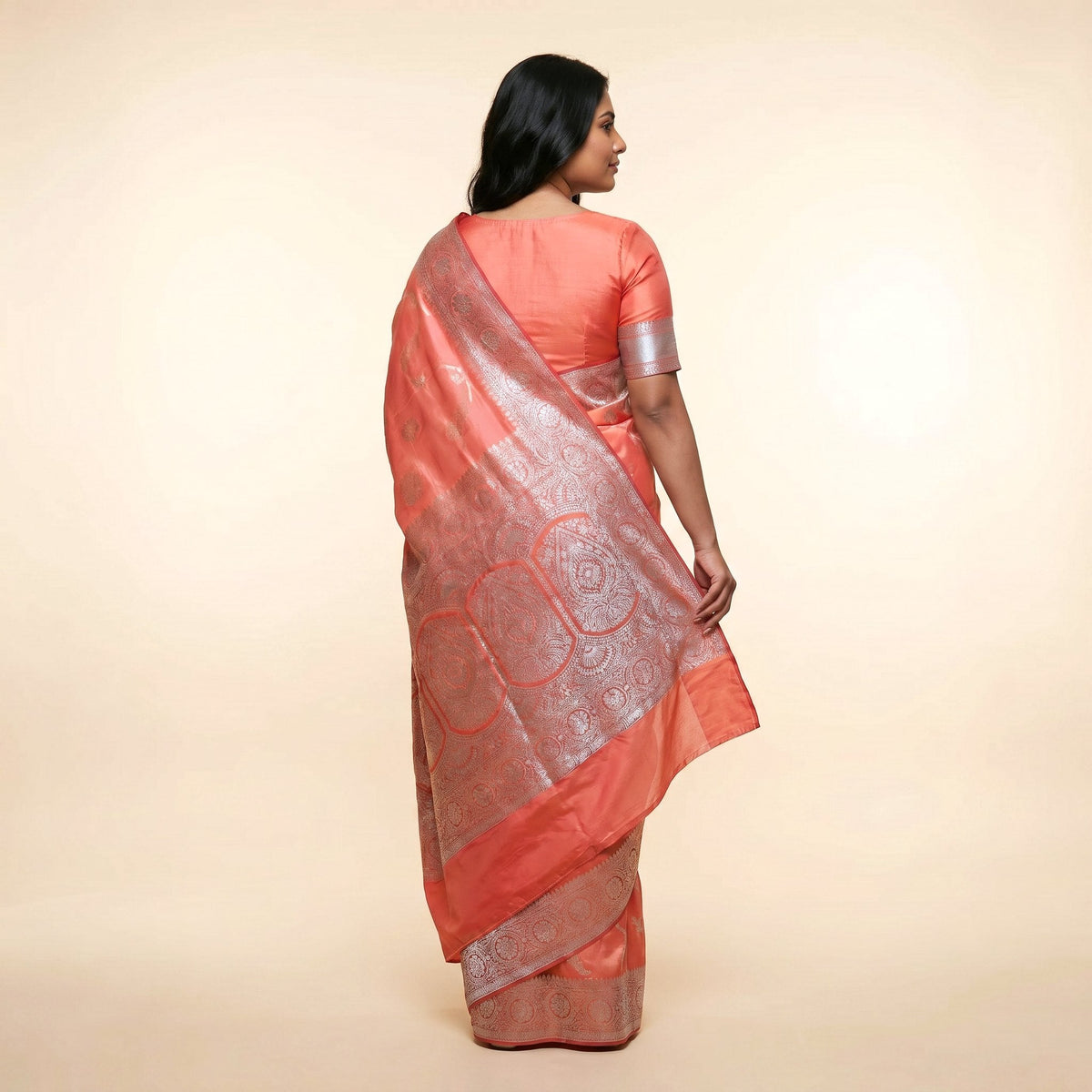 Peach Silk Saree on model - back