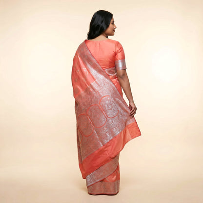 Peach Silk Saree on model - back
