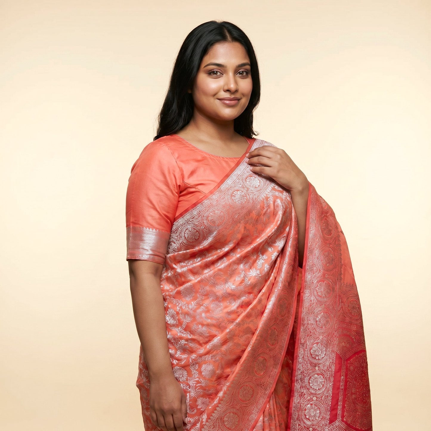 Peach Silk Saree on model - detail