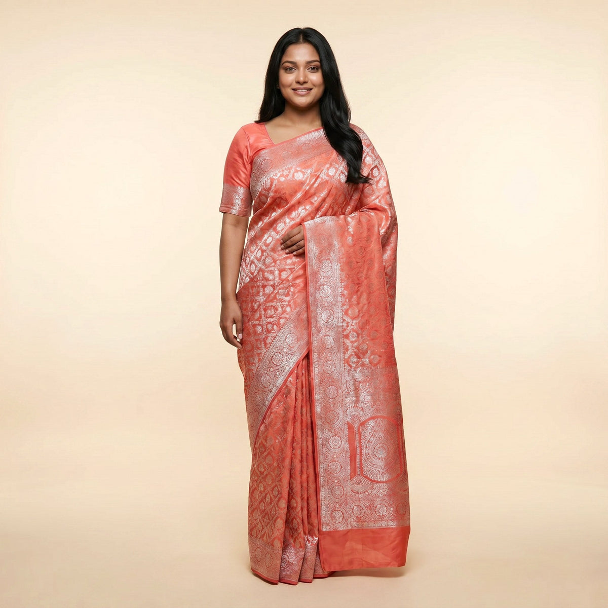 Peach Silk Saree on model - front