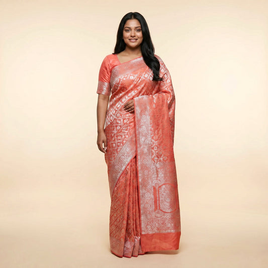 Peach Silk Saree on model - front
