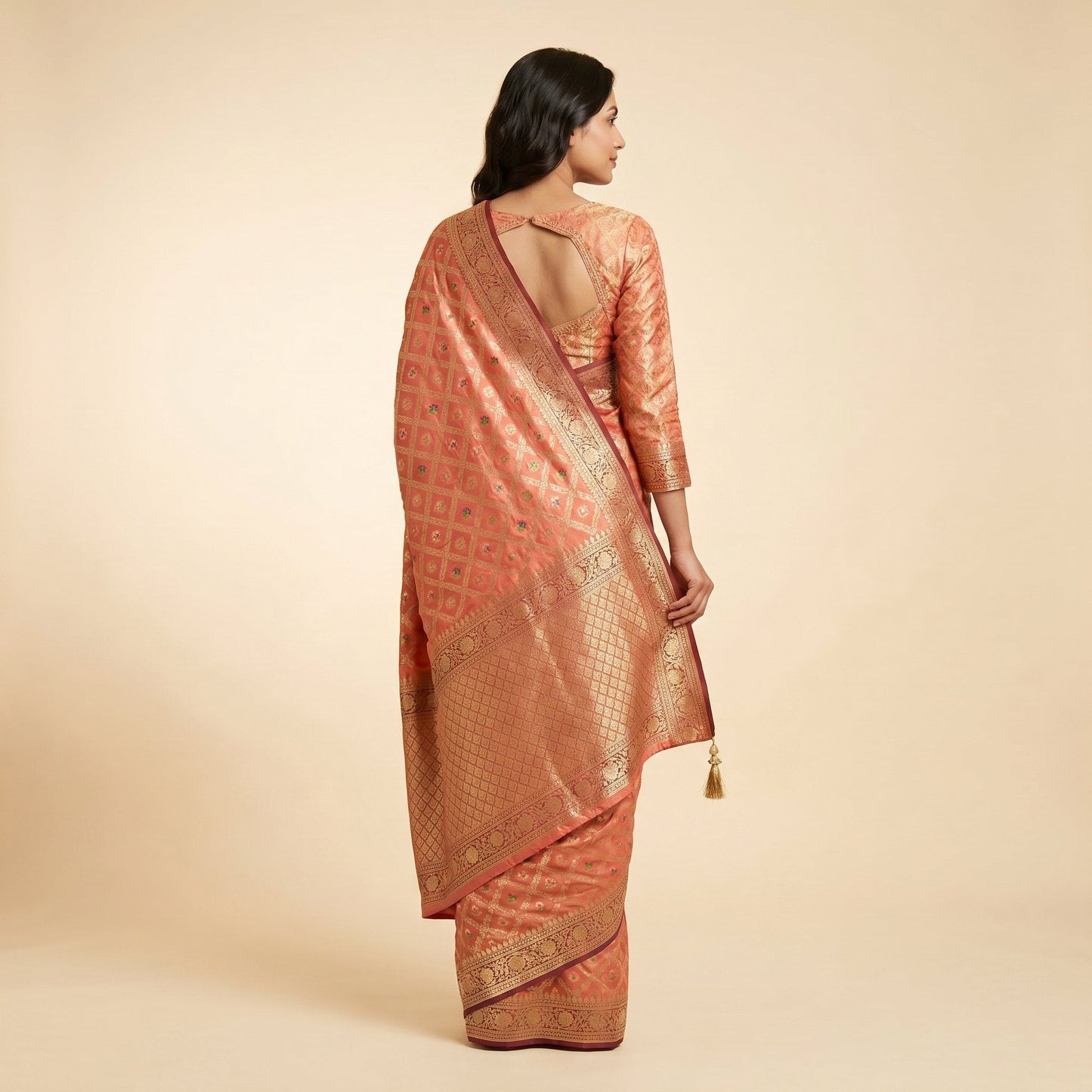 Peach Maroon Banarasi Silk Saree on model - back