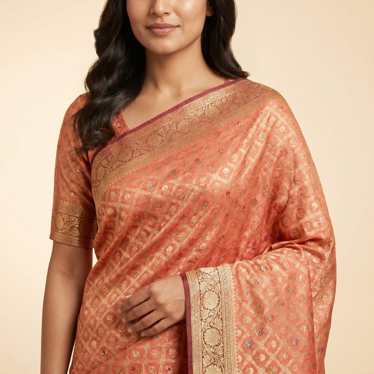Peach Maroon Banarasi Silk Saree on model - detail