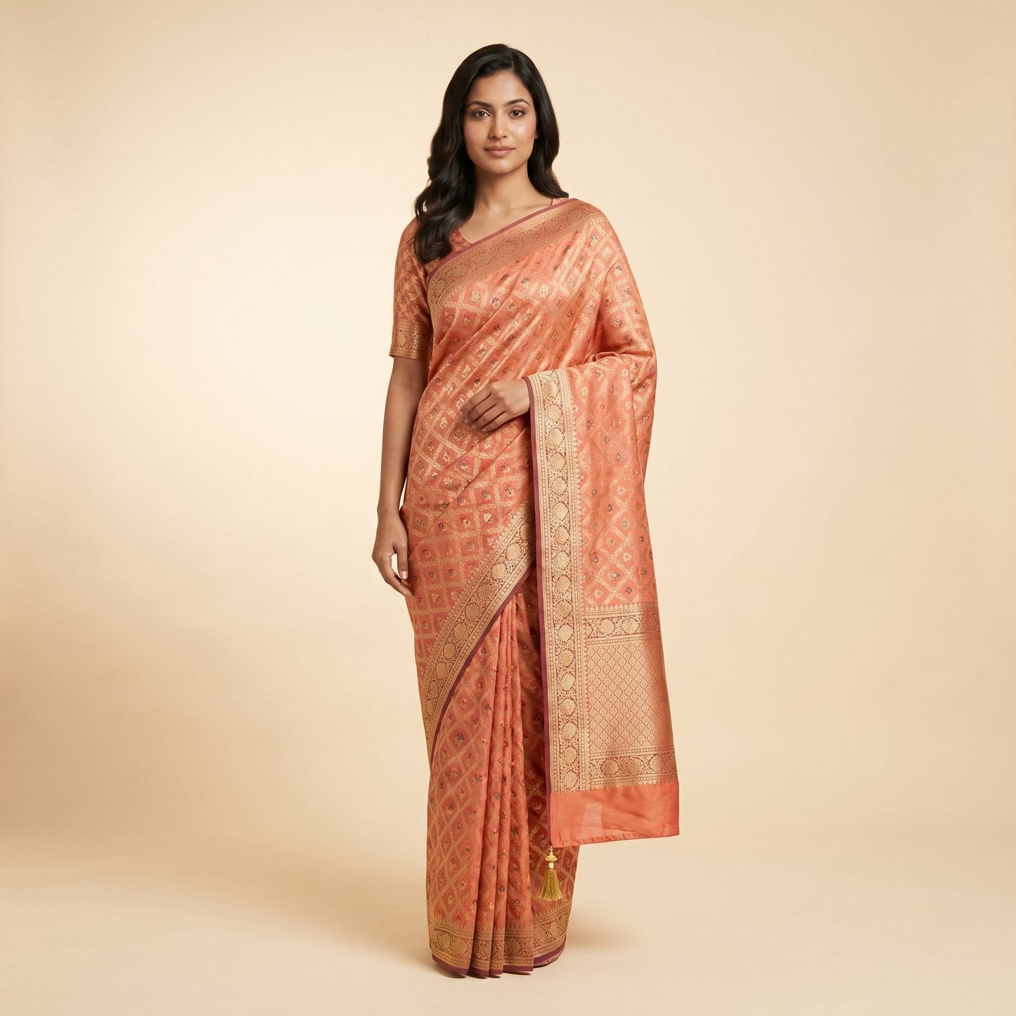 Peach Maroon Banarasi Silk Saree on model - front
