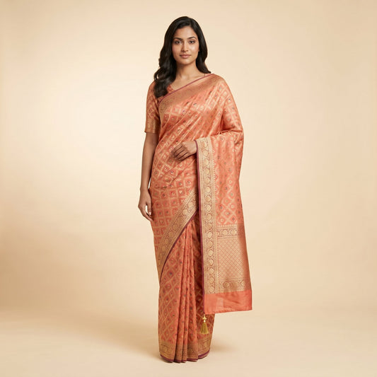 Peach Maroon Banarasi Silk Saree on model - front