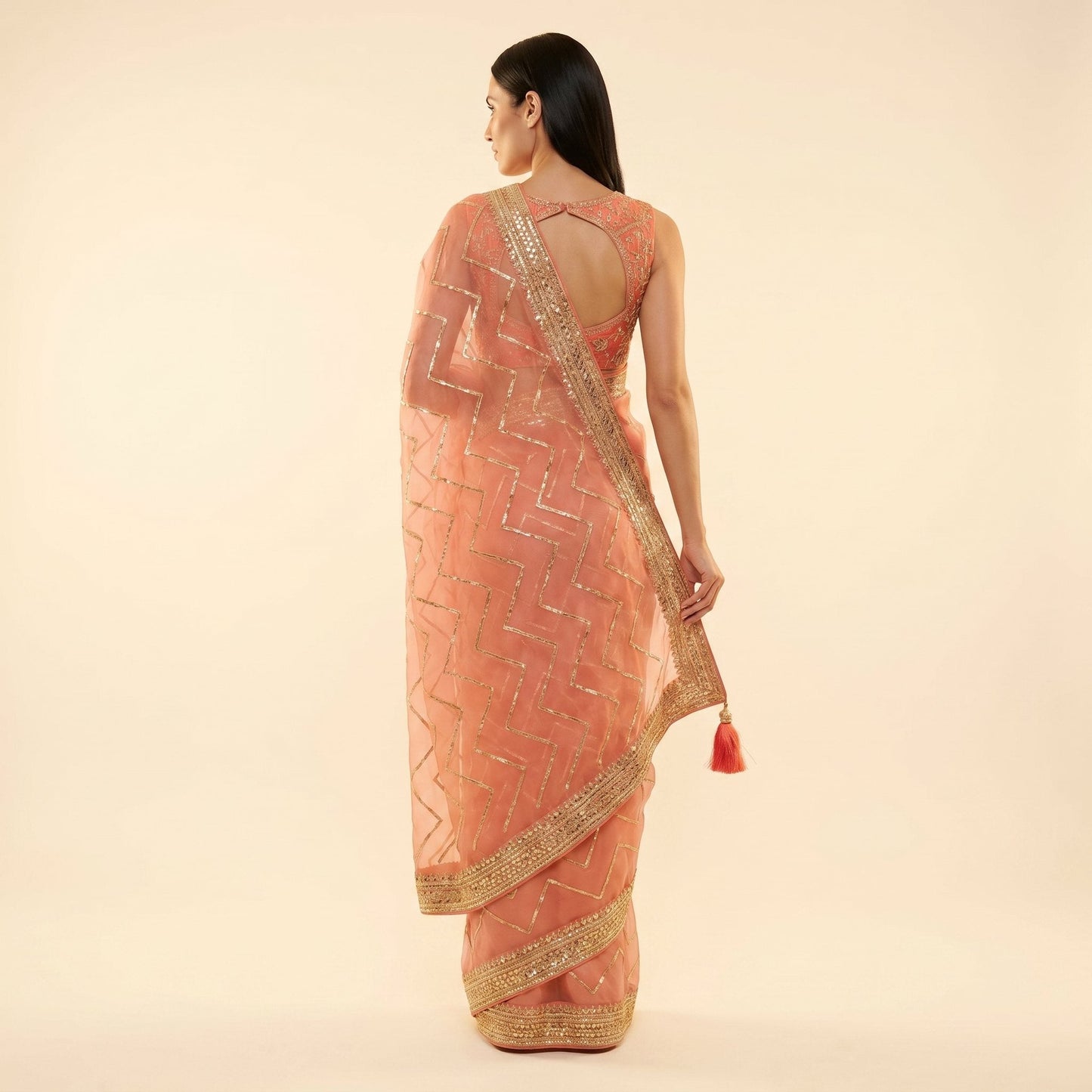 Peach-coral organza shimmer saree on model - back