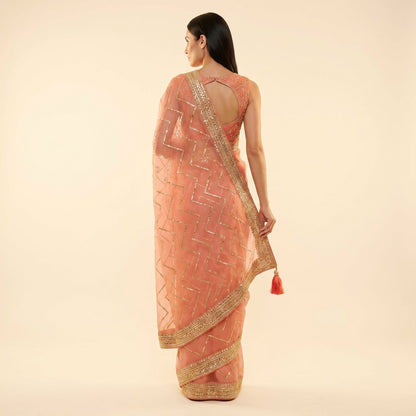 Peach-coral organza shimmer saree on model - back
