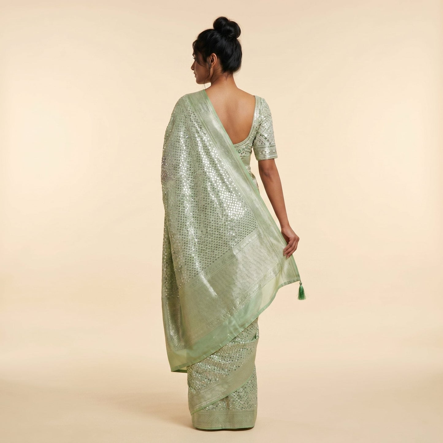 Pista Green Silk Saree on model - back