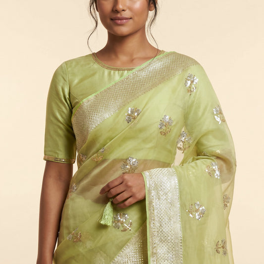Pista Green Silk Saree on model - detail