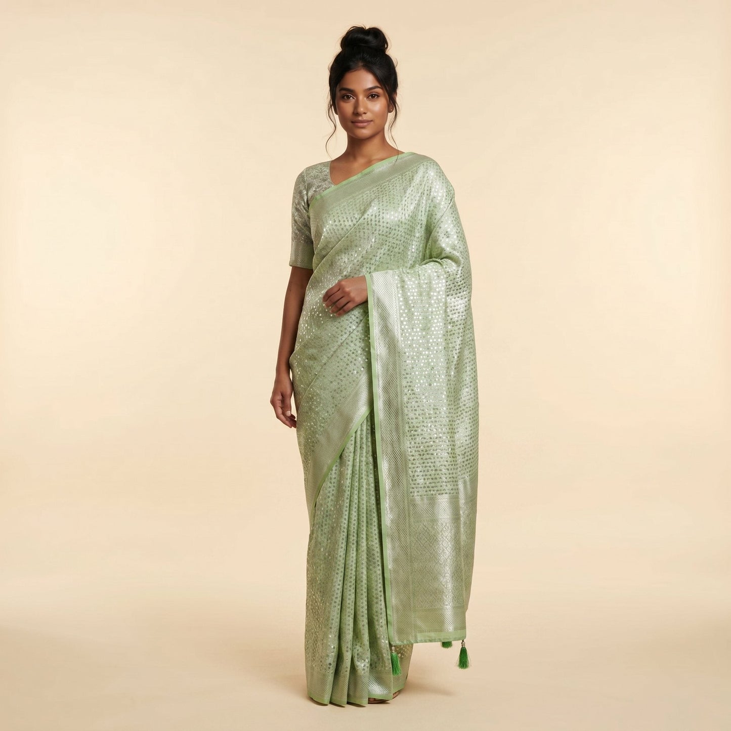 Pista Green Silk Saree on model - front