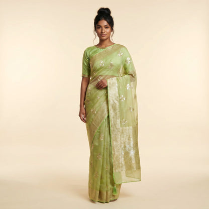 Pista Green Silk Saree on model - front