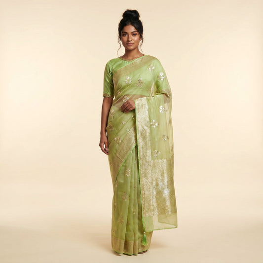 Pista Green Silk Saree on model - front