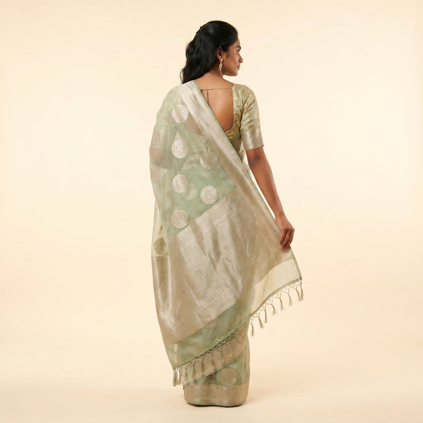 Elegant Pista Green Silk Saree on model - back