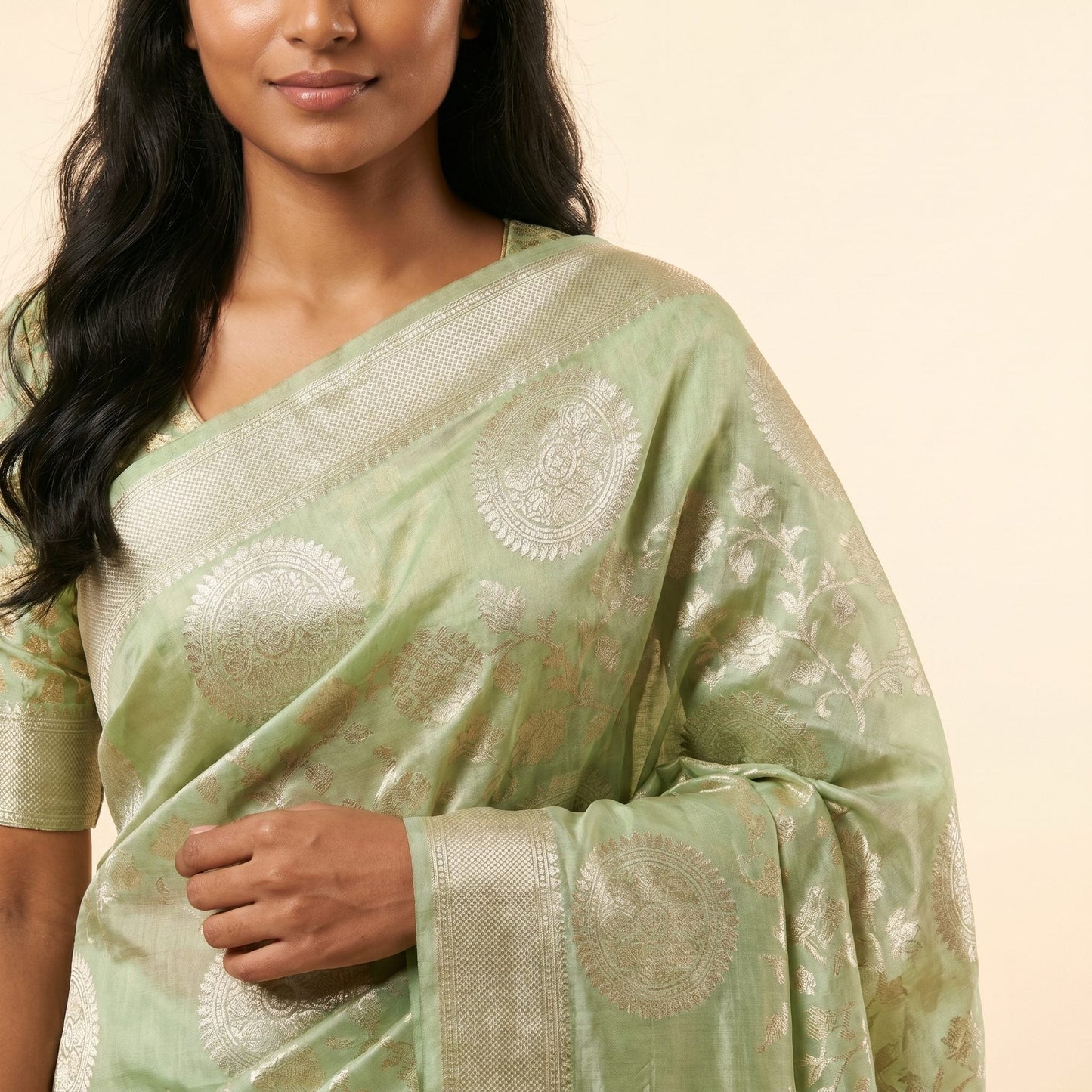 Elegant Pista Green Silk Saree on model - detail