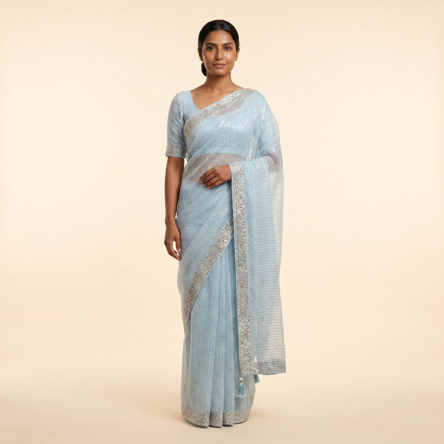 Powder Blue Saree on model - detail