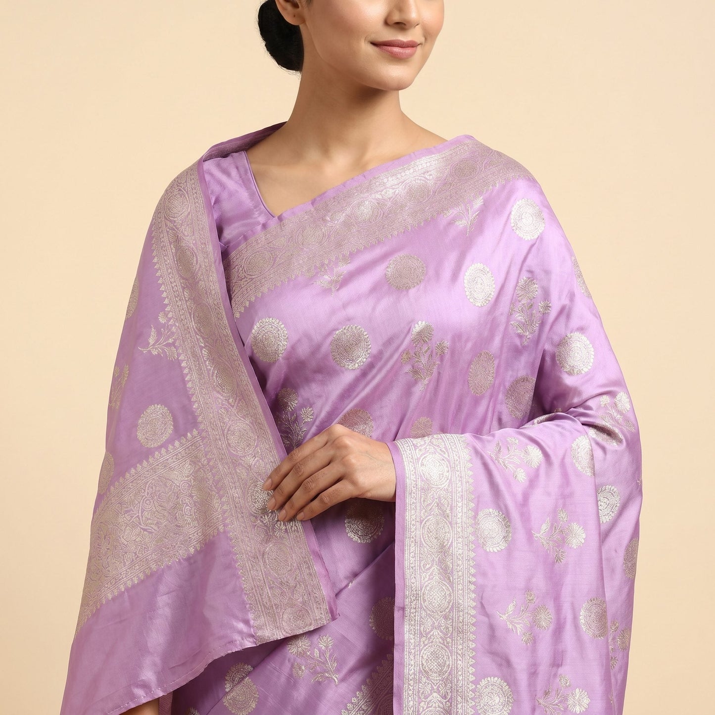 Purple Silk Saree on model - detail