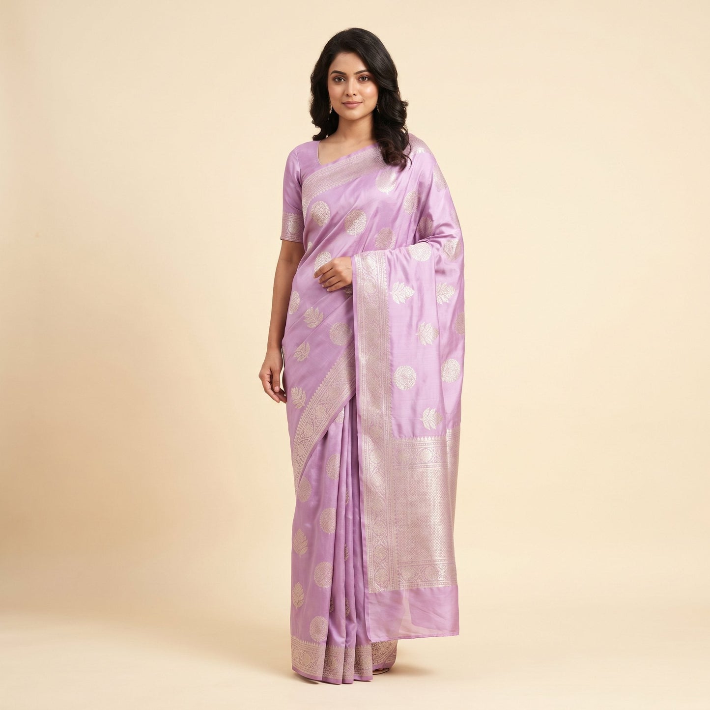 Purple Silk Saree on model - front
