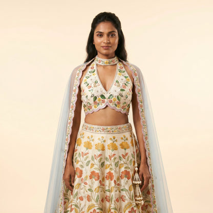 House of Daisy Radiant Raw Silk Lehenga - multicolour floral print, embroidered bodice, front view on model