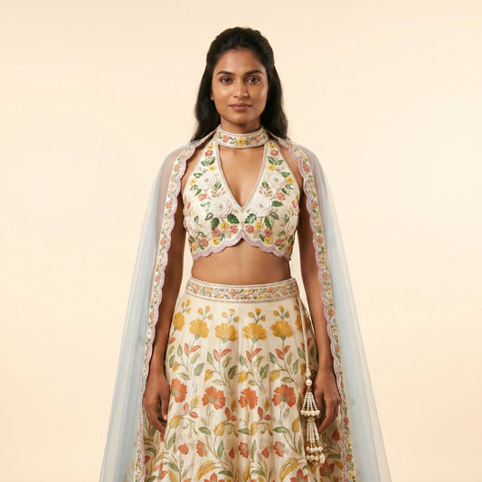 House of Daisy Radiant Raw Silk Lehenga - multicolour floral print, embroidered bodice, front view on model