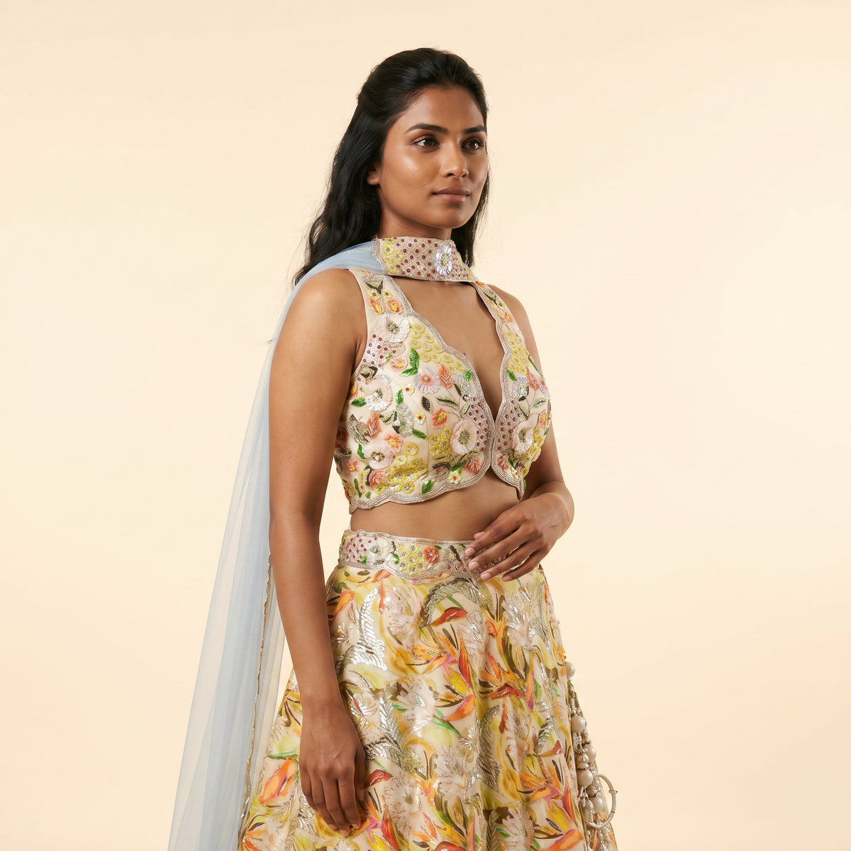 House of Daisy Radiant Raw Silk Lehenga - embroidered bodice and waistband detail