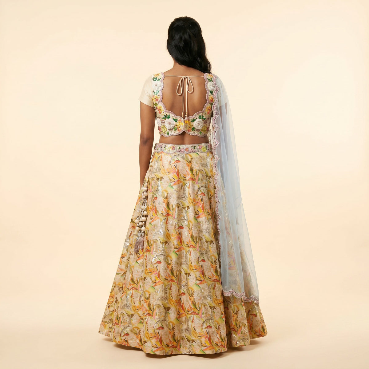 House of Daisy Radiant Raw Silk Lehenga - back view with flared printed skirt