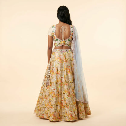 House of Daisy Radiant Raw Silk Lehenga - back view with flared printed skirt