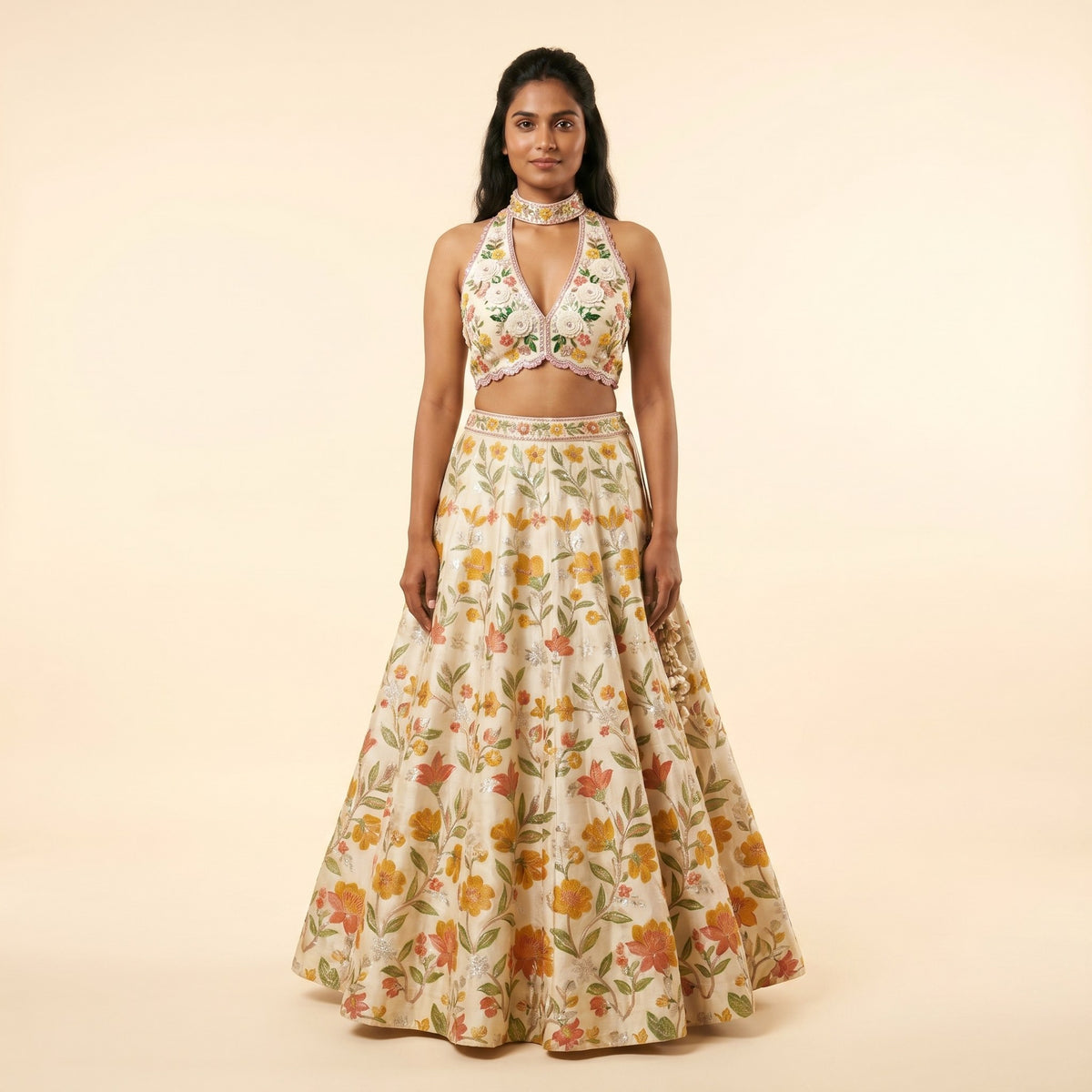 House of Daisy Radiant Raw Silk Lehenga - full front view of printed lehenga