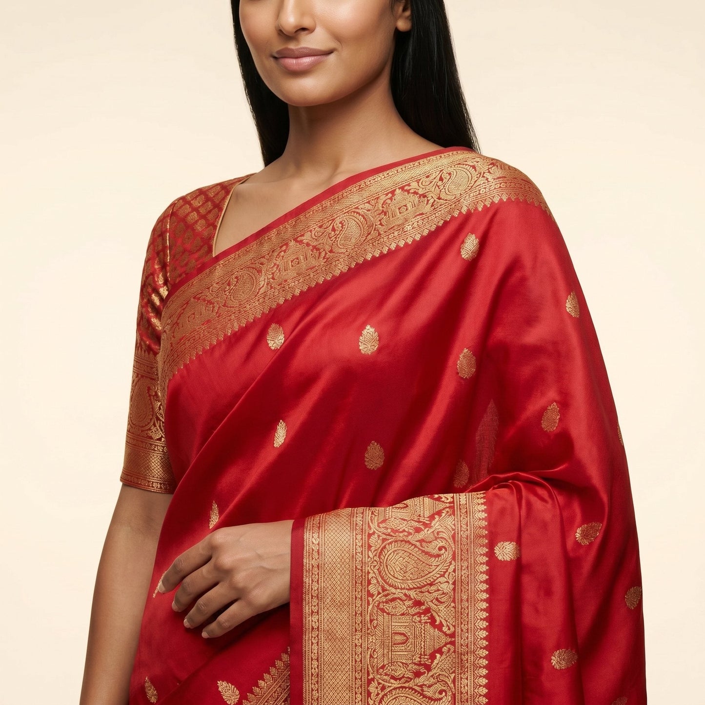 Red Silk Saree on model - back
