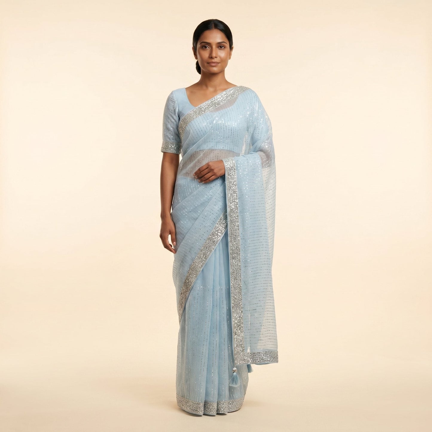 Red Silk Saree on model - front