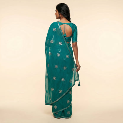 Sea Green Georgette Silk Saree on model - back