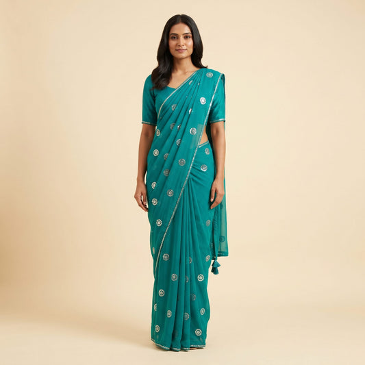 Sea Green Georgette Silk Saree on model - detail