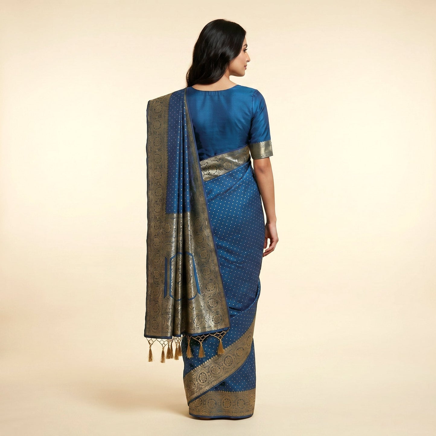 Teal Blue Silk Saree on model - back