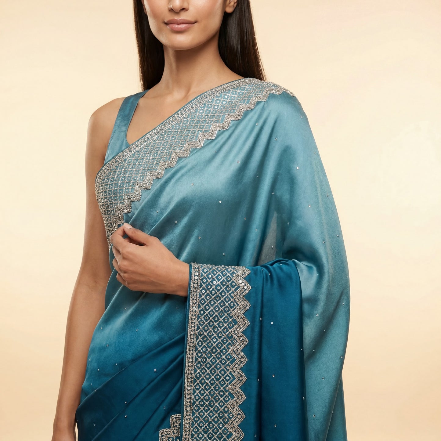 Teal Blue Satin Saree