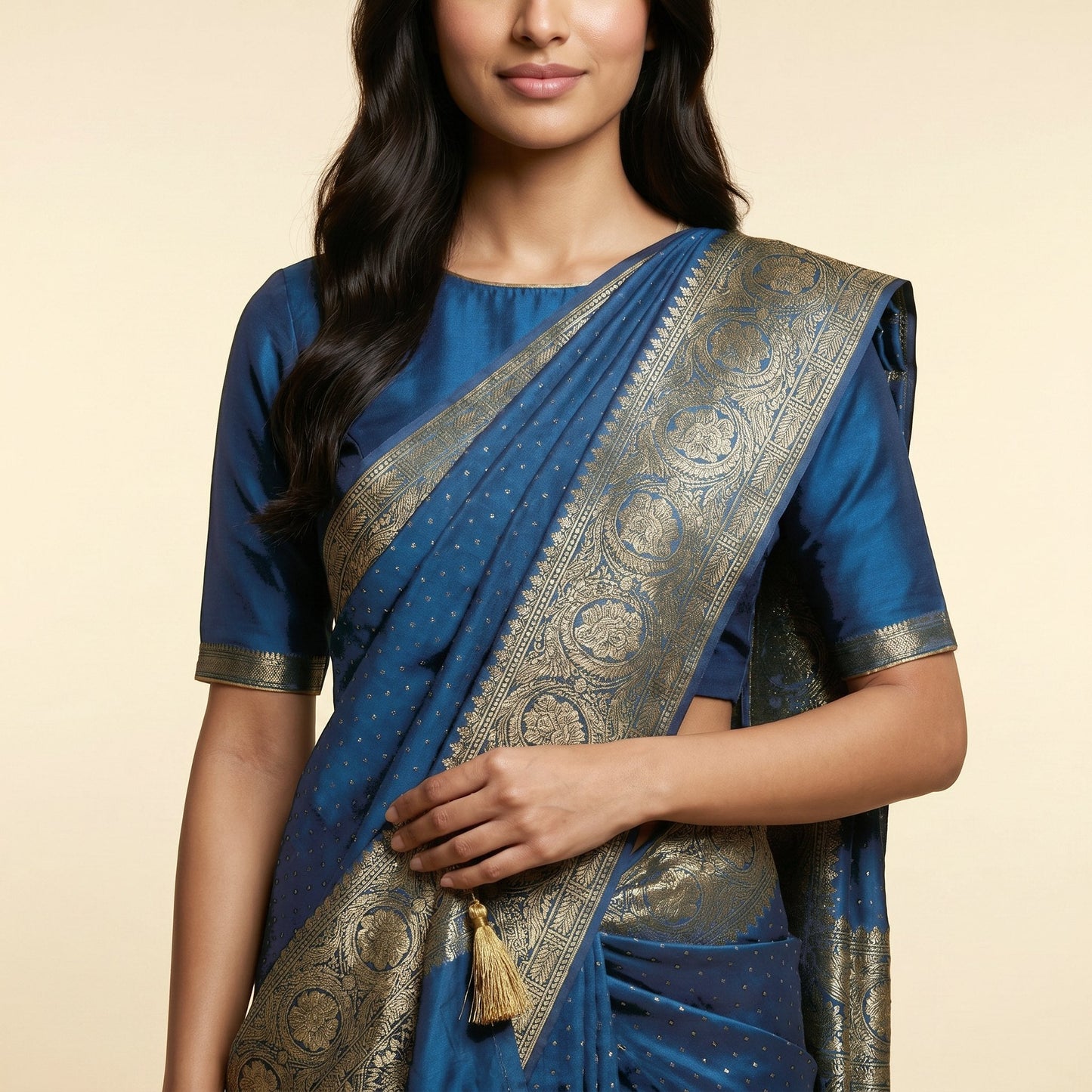 Teal Blue Silk Saree on model - detail