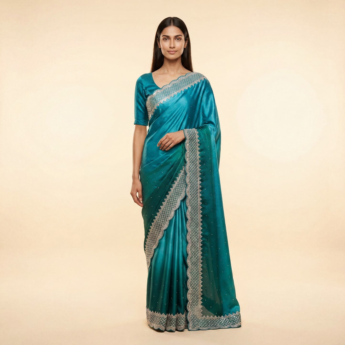 Teal Blue Satin Saree