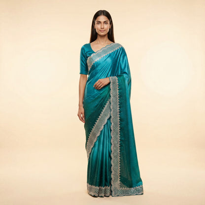 Teal Blue Satin Saree