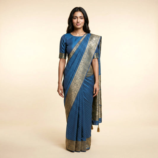 Teal Blue Silk Saree on model - front