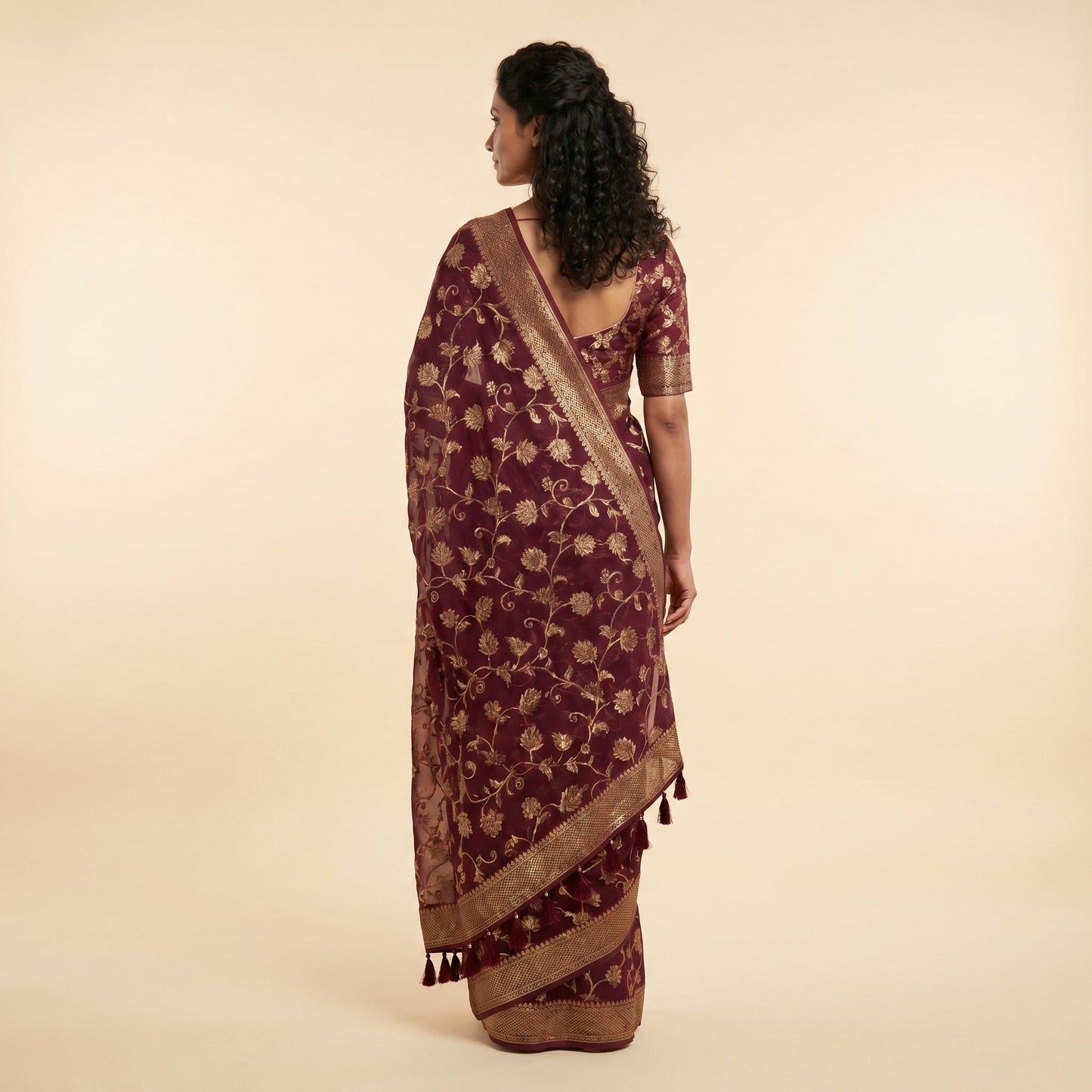 Wine Georgette Saree on model - back