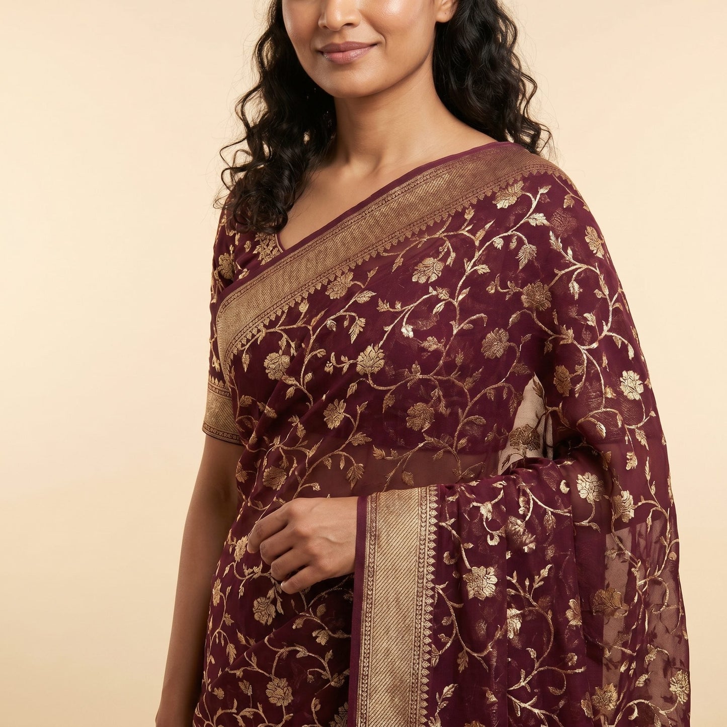 Wine Georgette Saree on model - detail