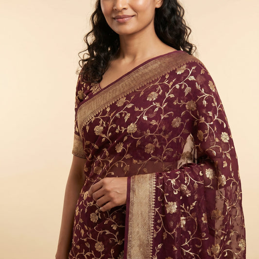 Wine Georgette Saree on model - detail