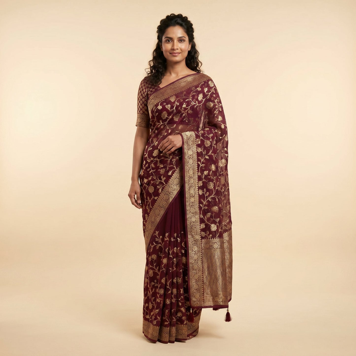 Wine Georgette Saree on model - front