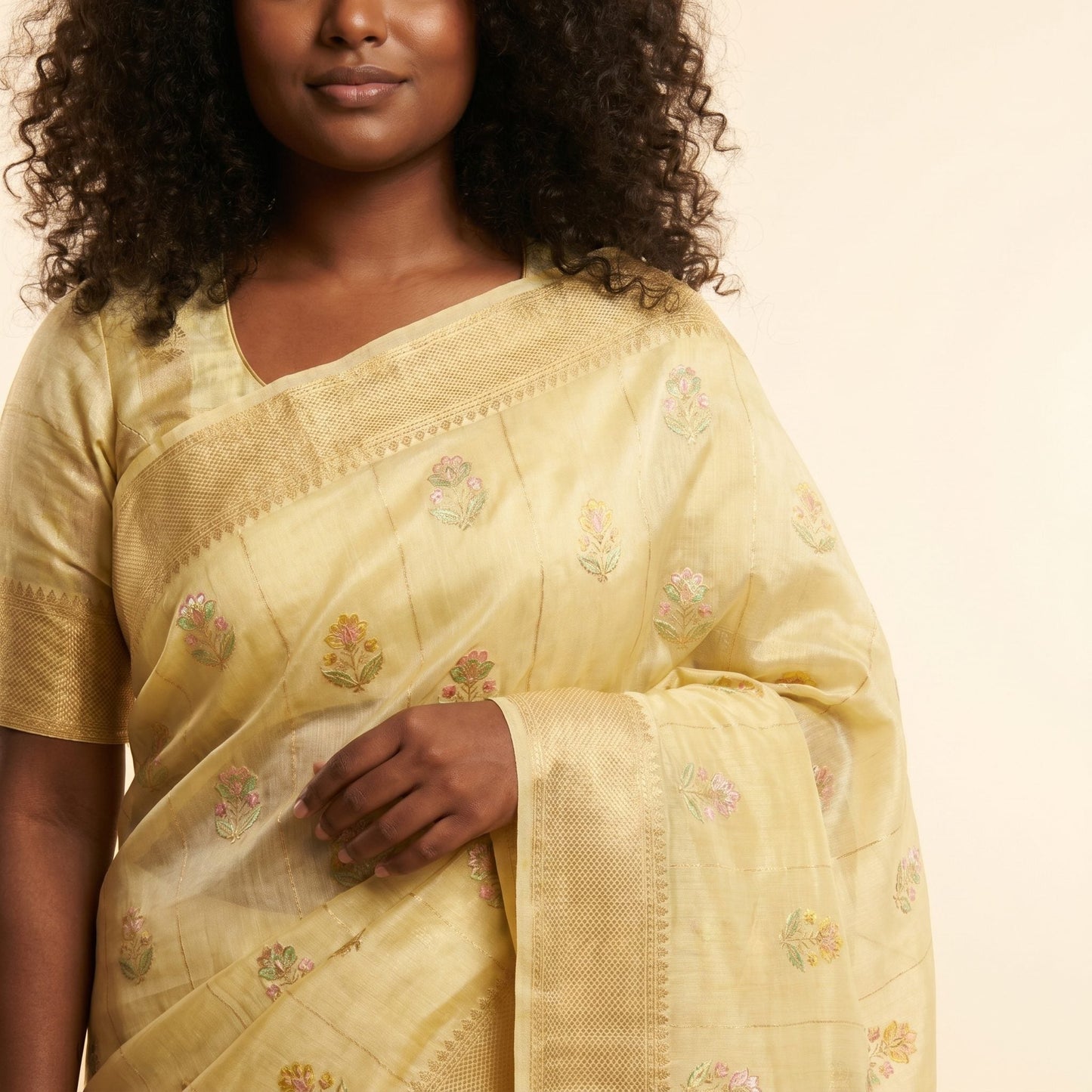 Radiant Yellow Silk Saree on model - detail