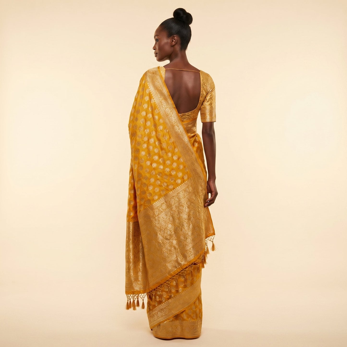 Radiant Yellow Silk Saree on model - back