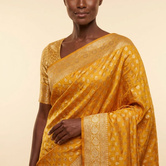 Radiant Yellow Silk Saree on model - detail