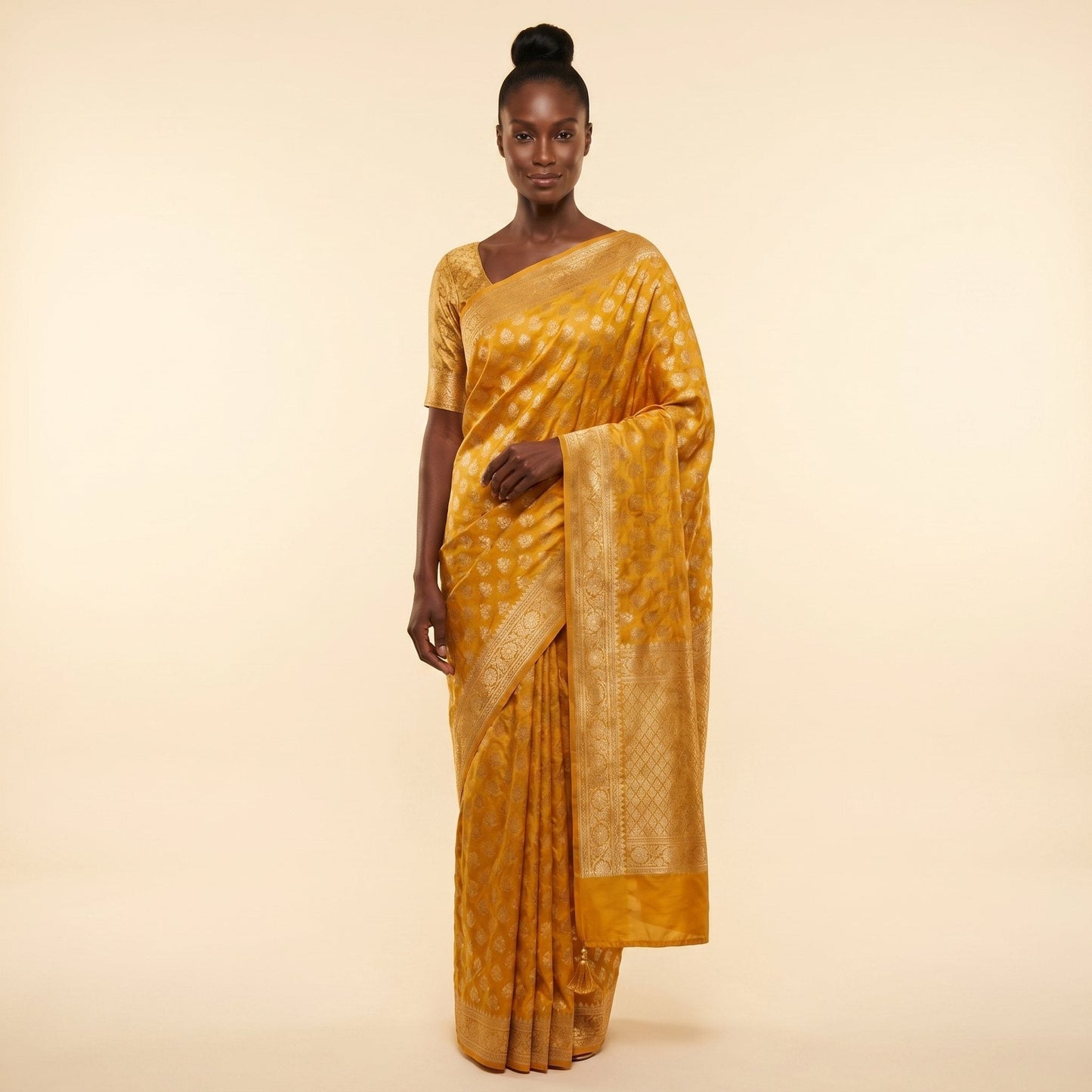 Radiant Yellow Silk Saree on model - front
