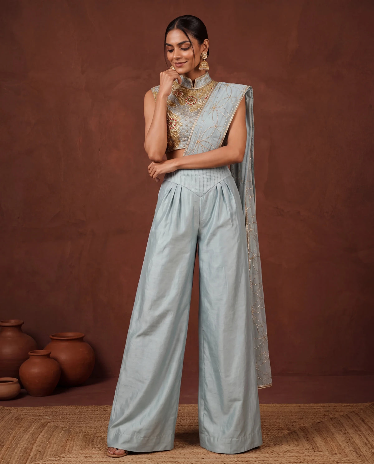 Ice blue embroidered palazzo saree, front