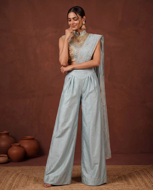 Ice blue embroidered palazzo saree, front