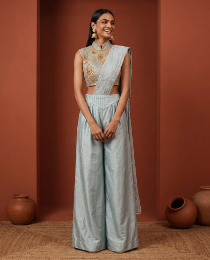 Ice blue embroidered palazzo saree, front, hands clasped